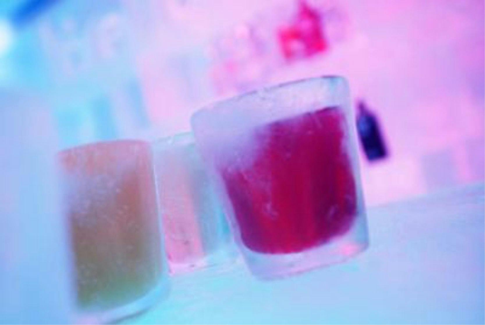 Ice glasses with delicious cocktails in Below Zero Ice bar.